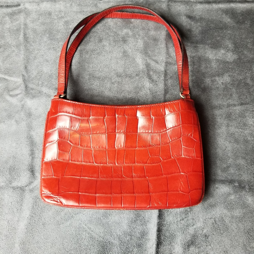 Ann Taylor Leather Faux Crocodile Design Multi Pocket Shoulder Bag Purse
